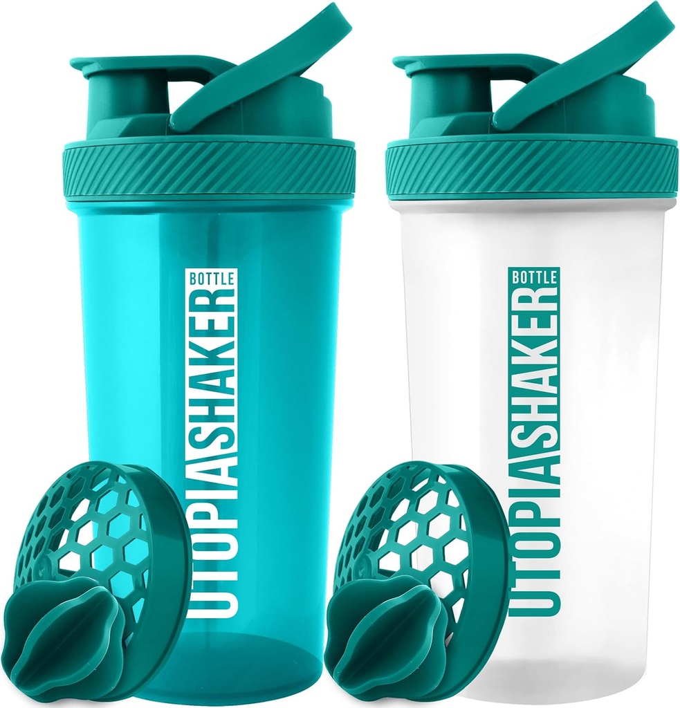 אוטופיה הביתה חלבונים Shaker - (Pack of 2) 28-Ounce Shaker בקבוקים למיקס חלבונים - Fitness Sports Classic Proteiner Shaker Bottle (Teal & Clear/Teal)
