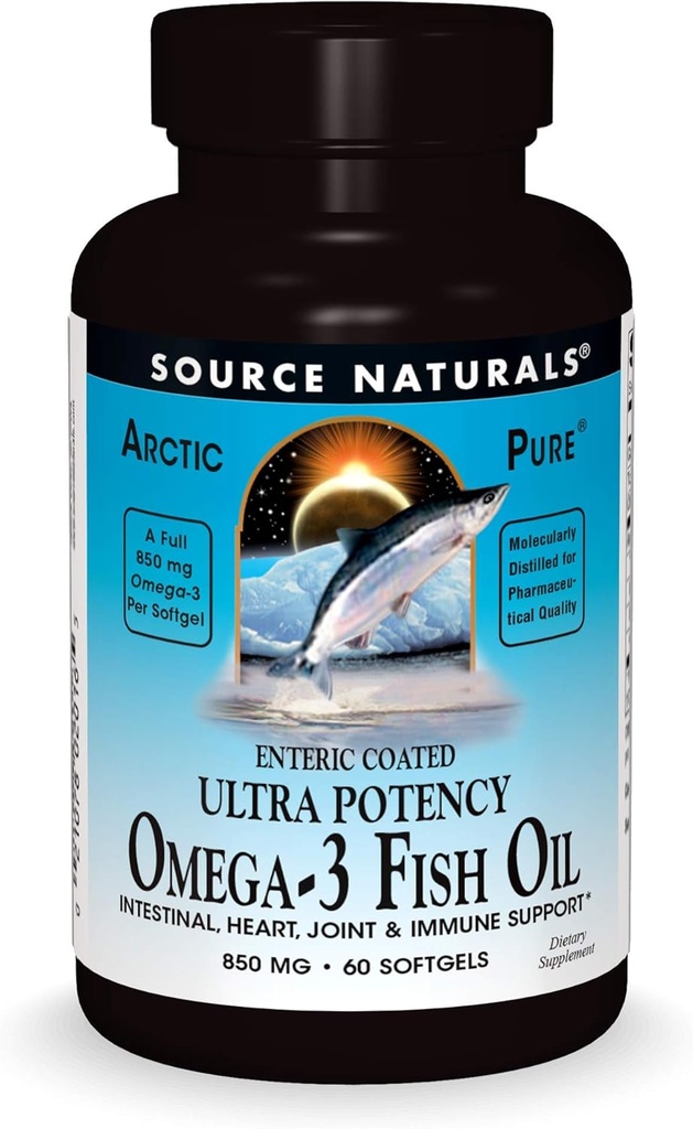 מקור Naturals ArcticPure אומגה 3 דגים שמן 850 מ"ג Ultra Potency EPA + DHA for Heart, Joint, Brain & Immune Health - Enteric Coated for Sensitive Stomachs - 60 Softgels