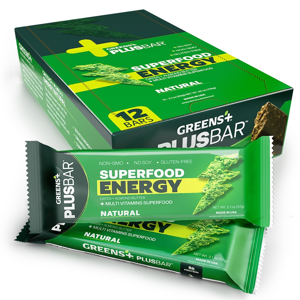 Greens+ Plusbar Energy, Natural, Gluten-Free Snack with Super Greens, Superfoods & Almond Butter, Vegan, Dairy-Free, Non-GMO, 10g Protein Meal Replacement, 12 Pack