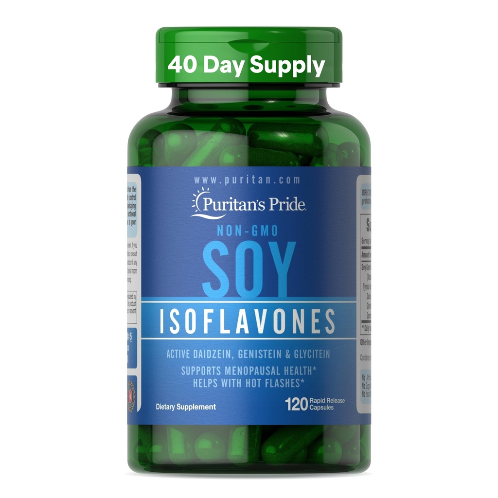 הגאווה של Puritan Non-GMO Soy Isoflavones 750 מ"ג, תוספת תזונתית עם Active Daidzein, Genistein, ו Glycitein תומך Menopause ופלאשים חמים, 120 קפסולות שחרור מהיר
