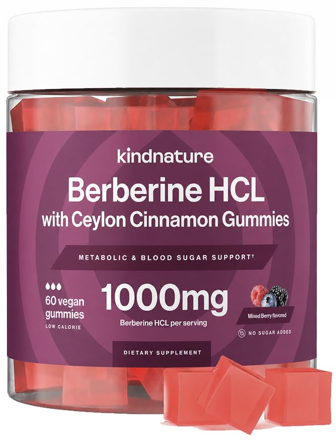 Kindnature Berberine Gummies 1000 מ"ג עם Ceylon Cinnamon & Resveratrol - תוספת טבעונית ללא סוכר לתמיכה בסוכר בדם, Metabolism, Cravings Wellness - Non-GMO, Gluten-Free