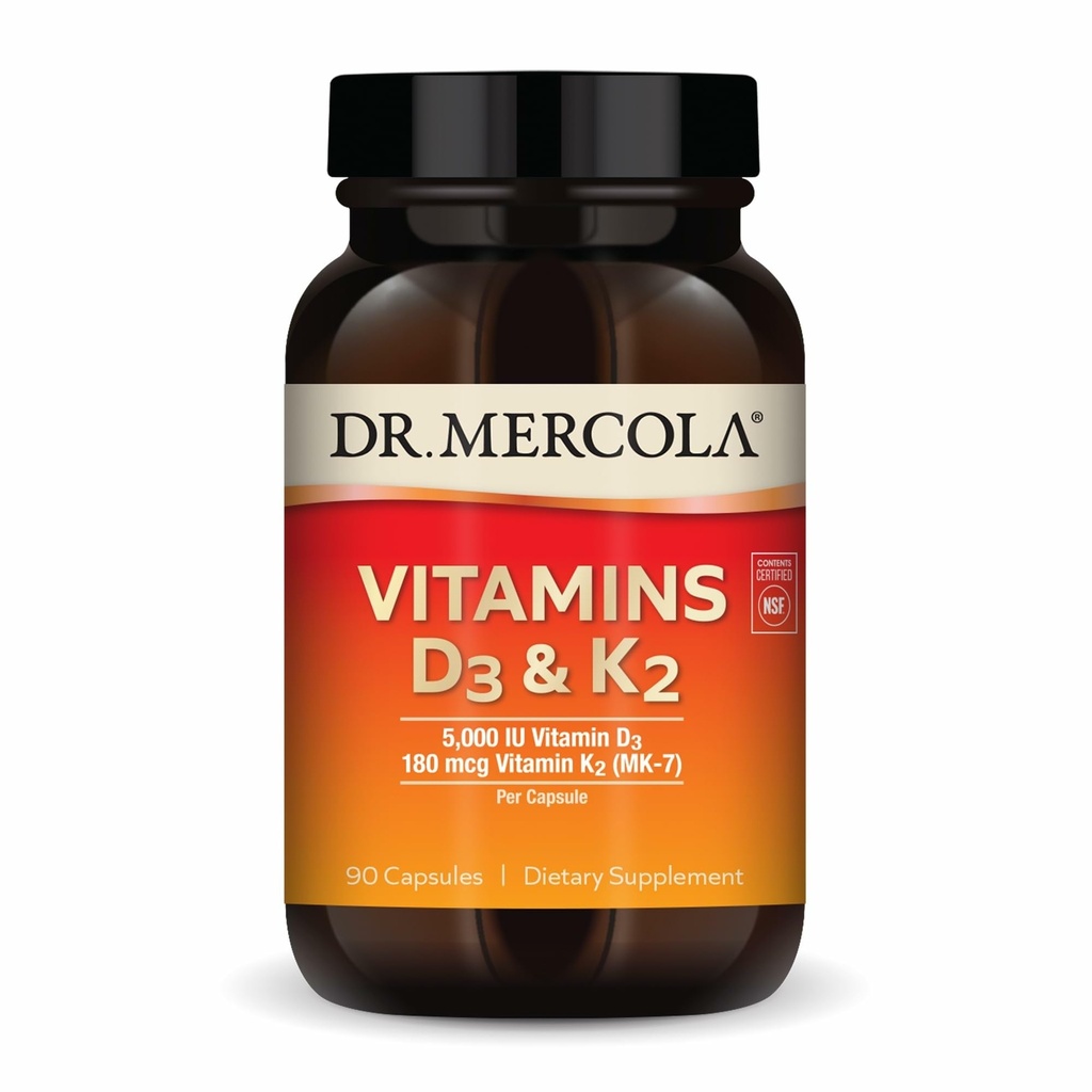 Dr. Mercola ויטמינים D3 & K2 Dietary תוסף, 90 משרתים (90 קפסולות), תומך בריאות הלב, תמיכה במזל, Non GMO, Soy Free, Gluten Free