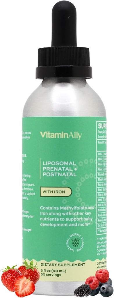 Liposomal נוזל טרום לידתי + Postnatal Multivitamin טיפות עם ברזל | Non-GMO סוכר חינם ten Glu . Easy to Swallow , תומך הן התפתחות התינוק והן אמא 30 יום אספקת 3 Fl OZ