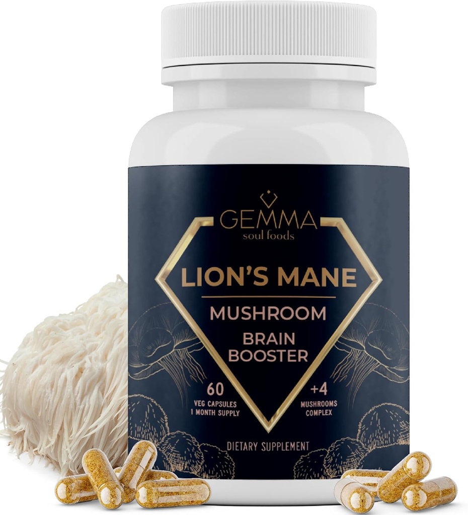 Gemma Soul Foods Organic Lion's Mane Mushroom Complex - Non-GMO Lions Mane Supplement non Tropic Chaga Shiitake ו Reishi Focus 60 Caps