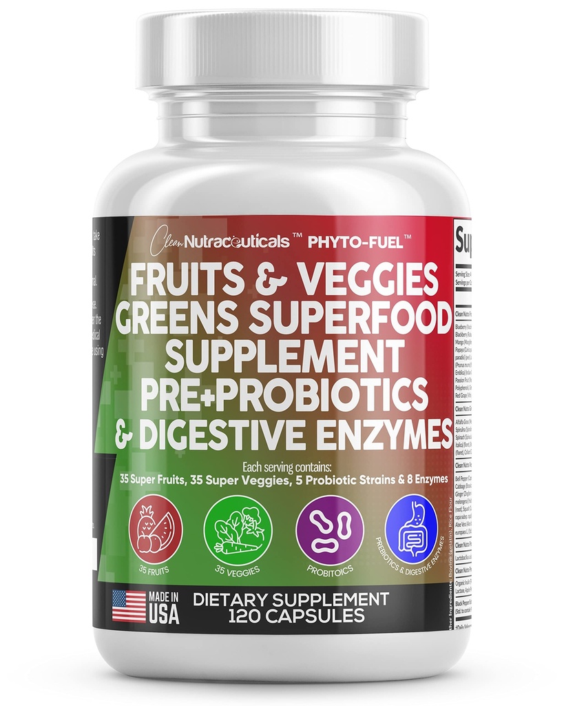פירות פירות טריים ו Veggies תוספי Reds & Green Superfood - איזון של מעל 70 פירות וירקות תוספי קפסולות עם Probiotics Prebiotics Prebiotics Enzy - 120 Ct USA