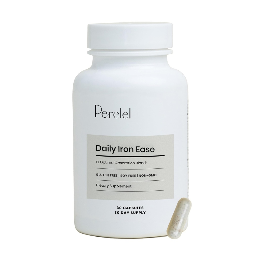Perel Daily Iron Ease, 15MG ברזל תוספת עם מגנזיום, ויטמין C, ויטמין B12 לתמיכה תזונתית ואנרגיה, קפסולות לנשים וגברים, Soy, Milk & Gluten חינם, Non GMO, 30 Pills