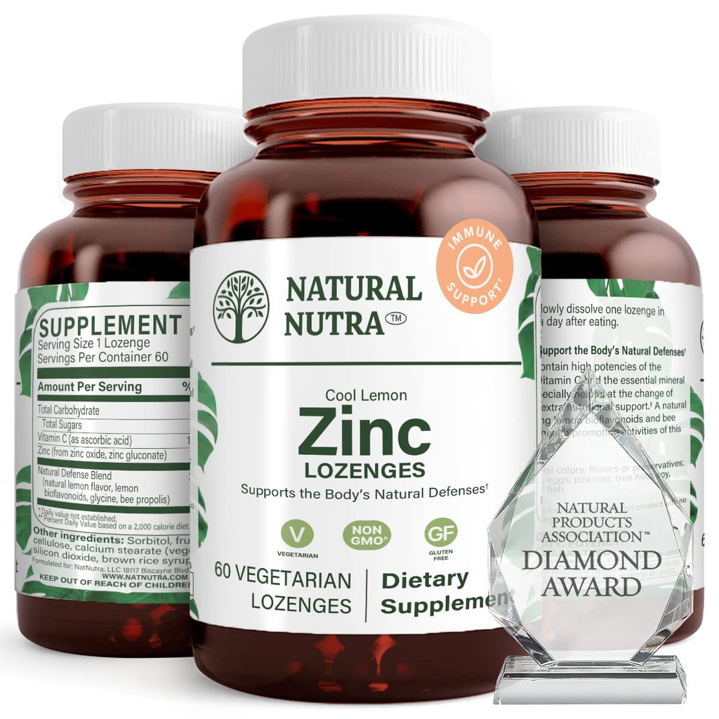 טבעי Nutra Zinc Lozenges עם ויטמין C, Lemon Flavor, תמיכה Immune, Nervous System &עצמות העצם, Fortified with Bioflavonoids ו- Bee Propolis, Sublingual Zi Gluconate, 60 Vegetarian
