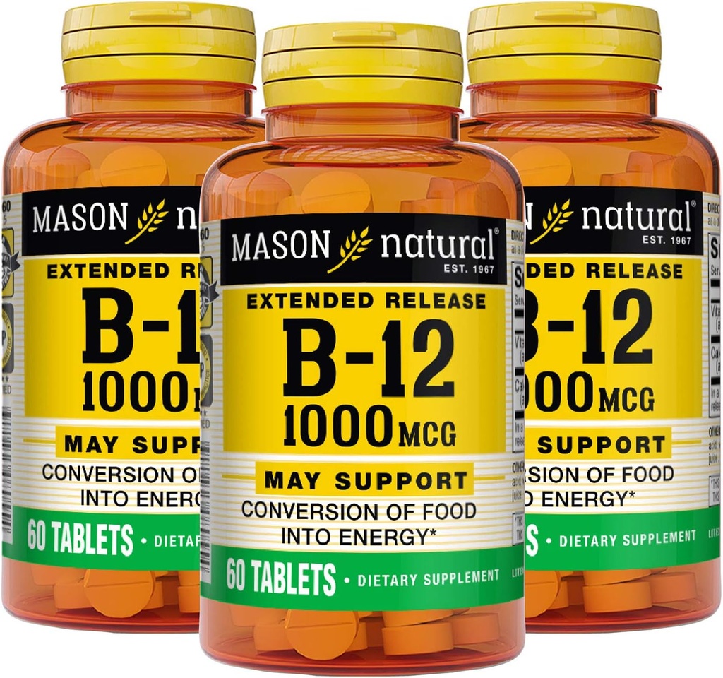 MASON NATURAL B-12 1000Mcg Cyanocobalamin המורחבת טבליות, 60-Count בקבוקים (Pack of 3)