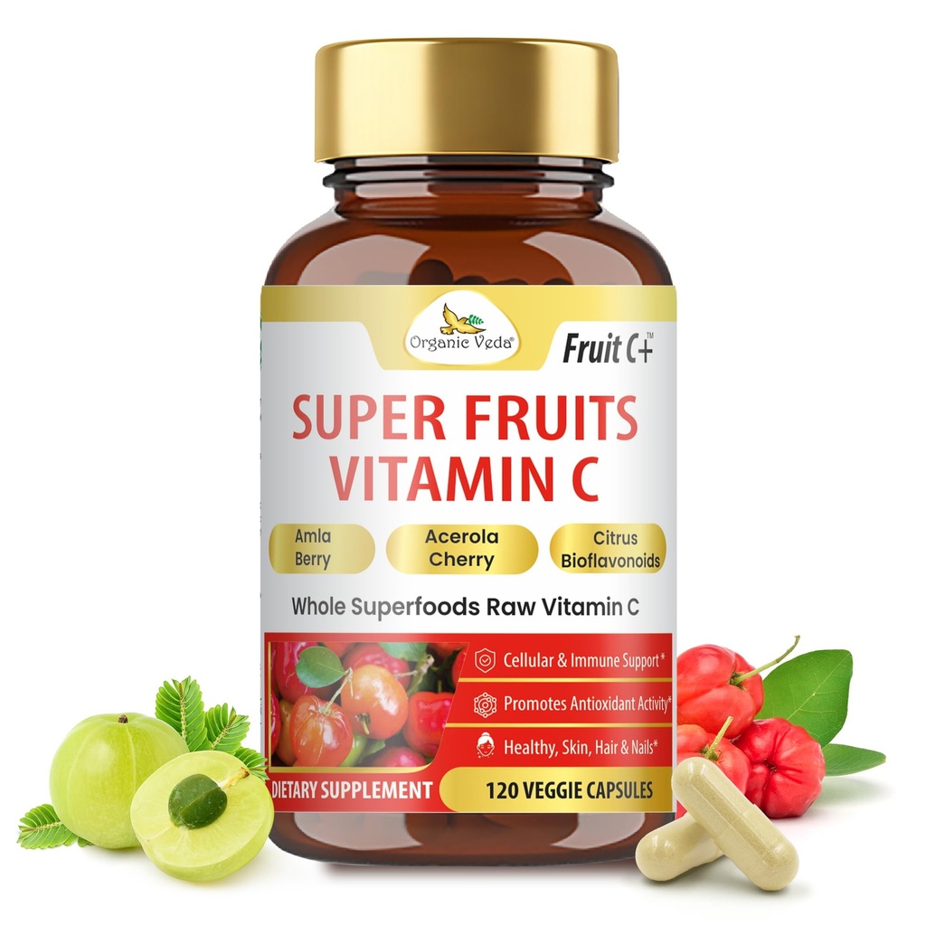 אורגני Veda Superfruits ויטמין C קפסולה עם Acerola Cherry & Amla ברי - תוספי מזון טבעי לחלוטין ויטמין C עם Citrus bioflavonoids עבור Immunity, & Skin Health - 120 גלולות טבעוניות