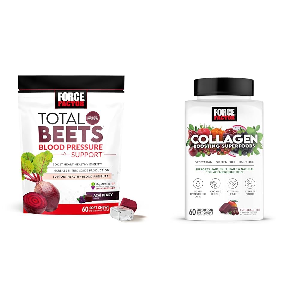 כוח גורם Total Beets Blood לחץ תמיכה 60 צ'אדות ו-Colagen Boosting Superfoods 60 צ'יפס רך לבריאות הלב, עור, שיער וציפורים