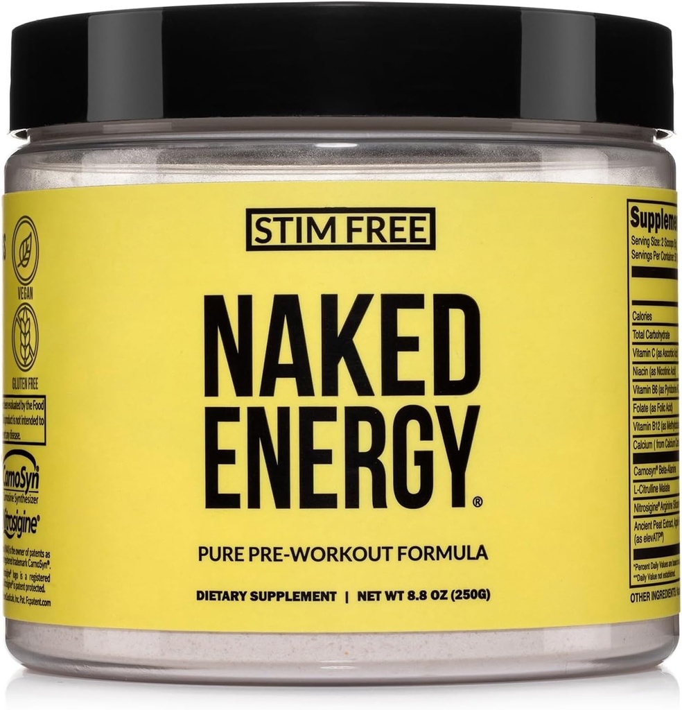 NAKED אנרגיה - Stim Free Pre Workout Caffeine חינם, עבור גברים ונשים, ידידותי טבעוני, ללא ממתקים מלאכותיים, צבעים או פלברס - 50 משרתים