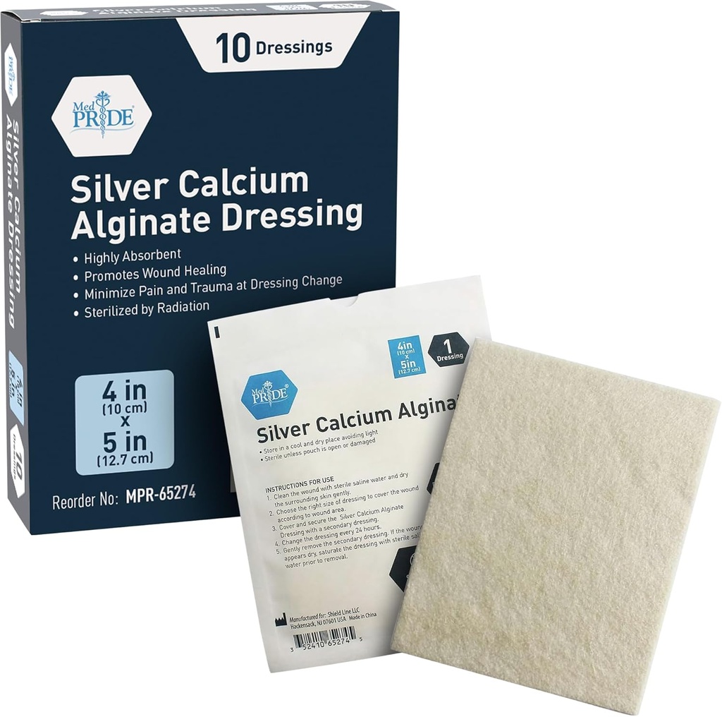 MED PRIDE Calcium Alginate Wound Dressing, 10Pack | Highly Absorbent, nonstick, Seaweed, Easy Removal (4' x 5' Silver)