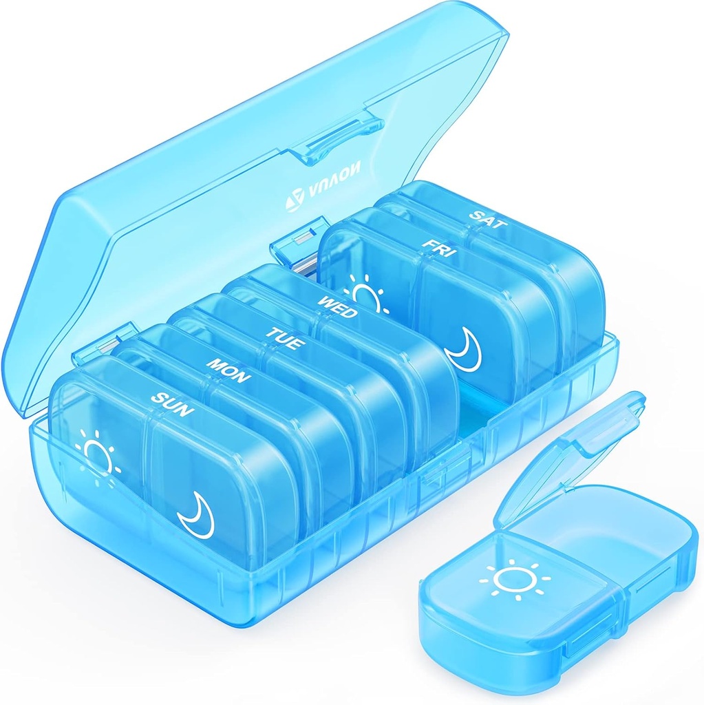 AUVON XL שבועי גלולות מארגנת 2 פעמים ביום, Pill Box 7 Day עם One-Side גדול פתחים עבור Easy to Use, Blue AM PM Pill מקרה עבור תרופות, ויטמינים, שמן דגים, תוספים