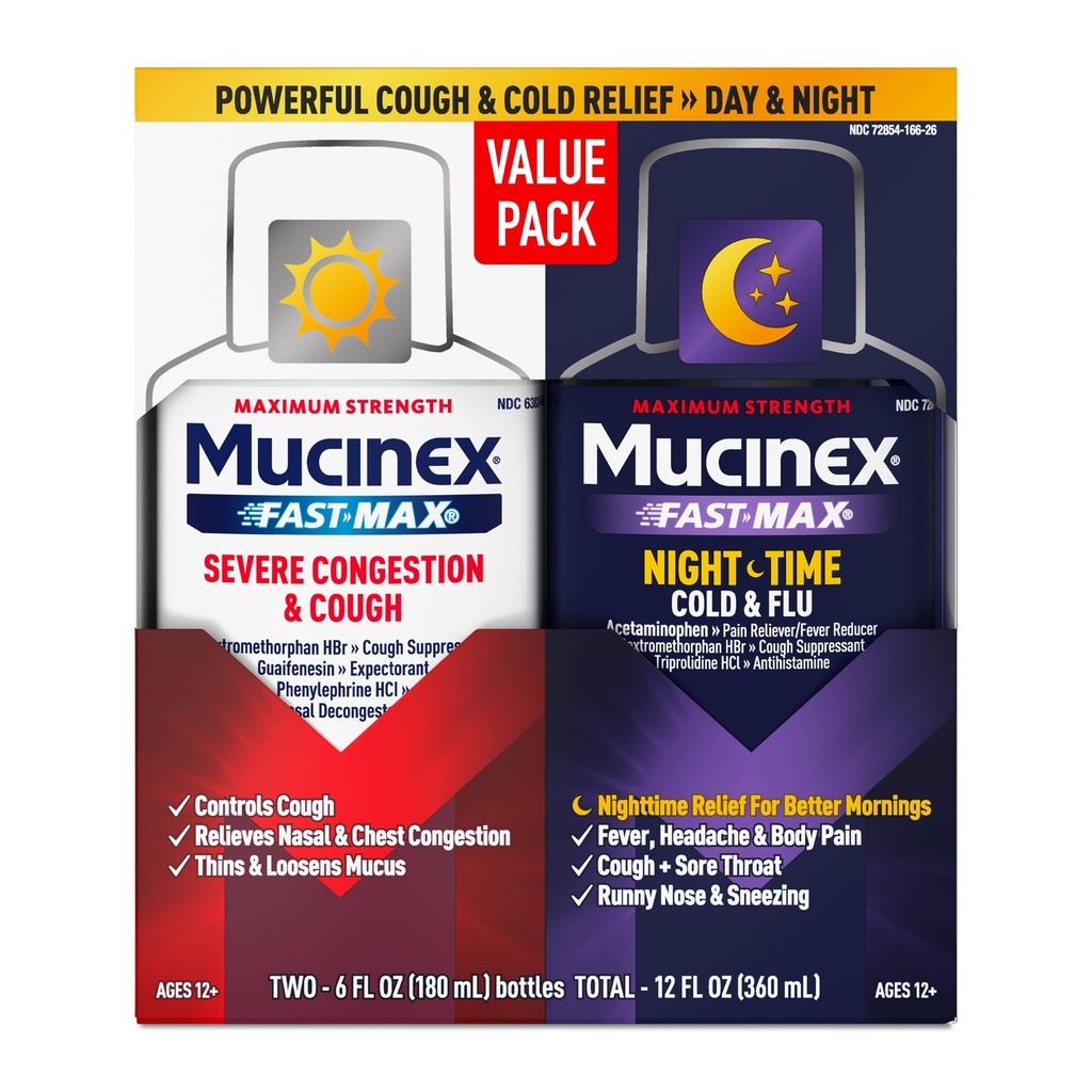 Mucinex Fast-MAX & NightShift Combo Pack - Max Power Cough & Cold Medicines for Mucus Relief, Chest Congestion, Nasalungestion, Sinus Communityestion, Sinus Pressure, Cough Symptom Relief (2x 6 FL OZ)