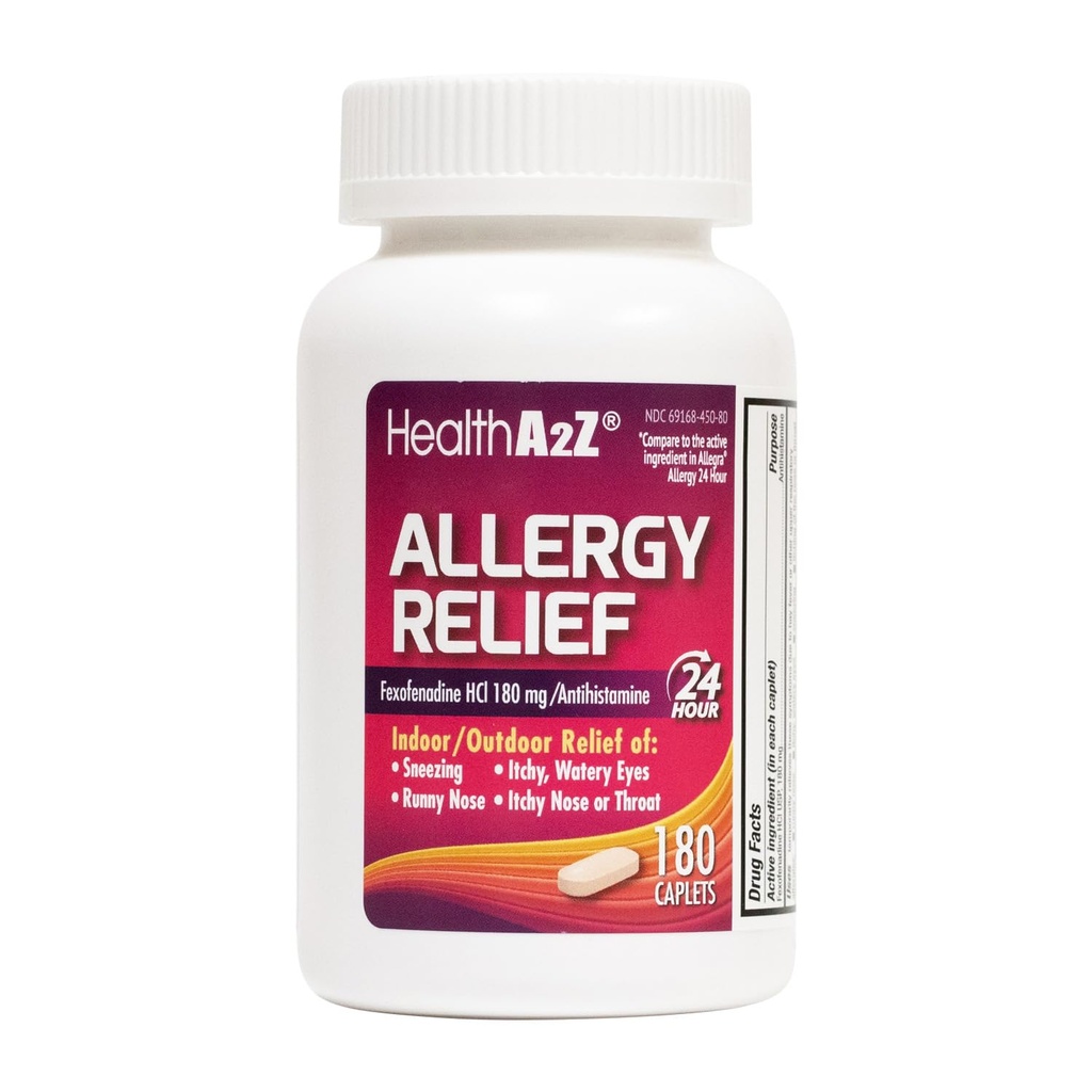 HealthA2Z® Allergy Relief | Fexofenadine Hydrochloride 180mg | 180 Caplets | Antihistamine | 24-Hour Antihistamine for Allergy Relief | Indoor/Outdoor Relief