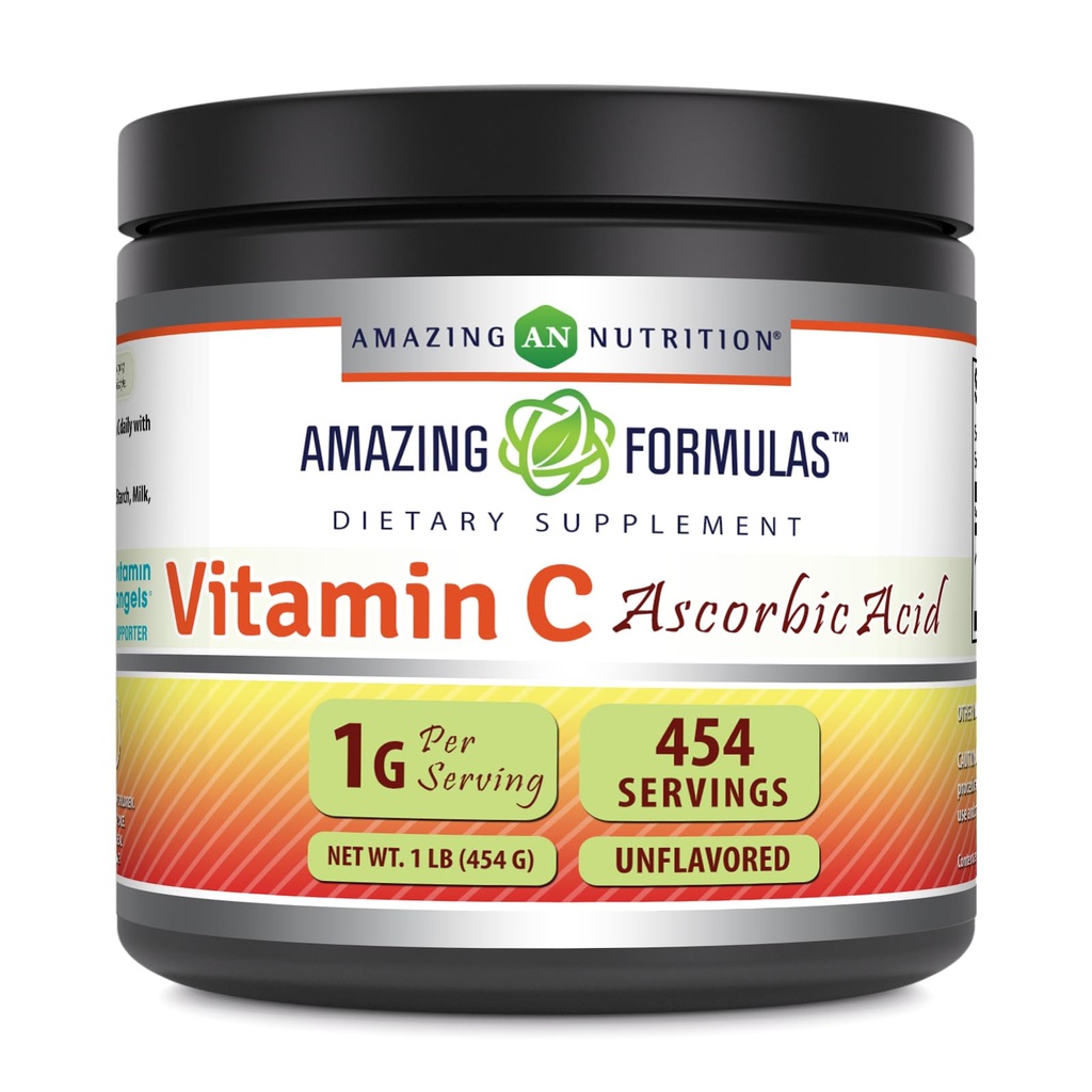 פורמולה מדהימה ויטמין C אבקת תוסף | Unflavored Ascorbic Acid 1 גרם לשרת | 454 משרתים לכל Container