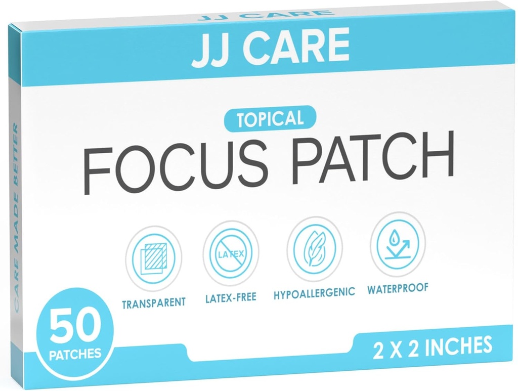 JJ Care Focus Patch - חבילת 50 All-Natural Focus Plus Patches למבוגרים, תמיכה ריכוז, פוקוס וזיכרון | 50 ימים אספקה של המוח פטצ'וסטס