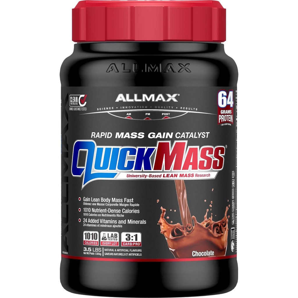 כל הMAX QUICKMASS, שוקולד - 3.5 lb - Rapid Mass Gain Catalyst - עד 64 גרמות של חלבון פרי מנהרה - 3:1 Carb לחלבון Ratio - Zero Trans Fat - עד 24 משרתים
