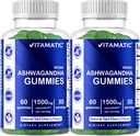 Vitamatic 2 Pack Ashwagandha Gummies 1500 מ"ג Equivalent Per משרת (מתוך 30:1 לחלץ 50 מ"ג) - 60 חניכיים טבעוניות - 3% עם אנאנולידים