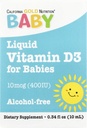 California Gold Nutrition Baby ויטמין D3 נוזלי D3 עבור תינוקות, Vegetarian Friendly - תמיכה התפתחותית - אלכוהול וגלוט חינם, non-GMO - 10 mcg (400 IU) - 0.34 floz (10 מ"ל)