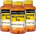 MASON NATURAL מלטונין 5 מ"ג עם B6 ו Calcium - Natural Sleep Aid, תומך שינה בריאה ומנוחה, 60 טבליות (Pack of 3)