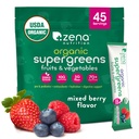 Zena Nutrition אורגני Super Greens אבקת, 70+ Superfoods, 0 סוכר, 5G סיבים, Spirulina, Chlorella, Antioxidants, Prebiotics / Probiotics, Digestive Enzymes, מעורב ברי, 45 משקאות Mixets