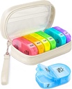Cool Pill מארגנת 2 פעמים ביום, PU Skin Pill Case לנשים, Portable Weekly Pill Box for Purse with Storage Bag to Hold הויטמינים, תרופות, שמן דגים, תוספים (Beige)