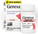 Genexa Kids' נקיים Pain & Fever Acetaminophen Chewables, Dye Free, 0% תוספת מלאכותית, טעים Grape Flavor, תרופה צ'רצה לילדים 2-11, 80 מ"ג לכל Tablet, 48ct (2 Pack)
