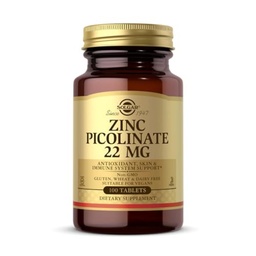 Solgar Zinc Picolinate 22 מ"ג, 100 טבליות - מקדם עור בריא - תומך מערכת החיסון, טעם וחזון נורמלי - אנטיoxidant - non-GMO, טבעוני, Gluten Free, כשר - 100 משרתים