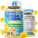 אומגה 3 חניכיים 1000mg + Turmeric - אומגה 3 שמן שמן אלטרנטיבי למבוגרים - Algae DHA 600 מ"ג ו EPA 300 מ"ג, ויטמין A, C, E, Zinc & MSM, סוכר חינם, 60 Cts