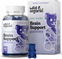 Wild & Organic Brain Support Gummies - Focus תוסף w/Ashwagandha Root, ויטמין B12, ג'ינקגו בילובה, Bacopa - צ'יפס טבעוני עבור קלייריות ומוצריות - 60 מסטיקנים במוח
