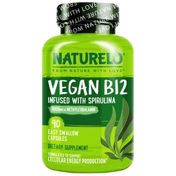 NATURELO טבעוני B12 - Methyl B12 עם אורגני Spirulina - ויטמין עתיר גבוה B12 1000 mcg Methyhydrobalamin - תמיכה בריאות Mood, אנרגיה, לב ועין בריאות - 90 קפסולות