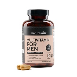 NatureWise Multivitamin for Men - Daily Male Support - מינרלים & Herbs for Energy, Performance, Immunity - עם ויטמין A, C, D, B-Complex - Soy & Gluten-Free, non-GMO - 90 קפסולות.