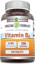 פורמולה מדהימה ויטמין B6 (Pyridoxine) 25 תוסף Mg | Tablet | Non-GMO | Gluten-Free | Made in USA (1 Pack | 500 Count)