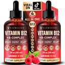 ויטמין B12 עם B Complex 20000 mcg- תוספת כוח עבור גברים ונשים-פרי פטל טיפות; ארה"ב Made, B1, B3, B5, B5, B6, Biotin, Folic Acid & B12 sublingual Methylcobain | 4 חודשים אספקת 4 חודשים