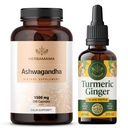 HerBAMAMA Ashwagandha ו Turmeric ג'ינג ' Kit - Bundle של 1500 מ"ג Ashwagandha Root כמוסות & Turmeric ג'ינג'ר Tincture 2 oz - טבעוני, non-GMO, סוכר ואלכוהול חינם - 2 Packedha Rootbendha Root כמוסות
