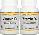 ויטמין D3 תוסף על ידי California Gold Nutrition - תמיכה בעצמות בריאות ושיניים - תמיכה במערכת החיסון - Gluten Free, non-GMO - 125 mcg (5,000 IU) - 2 Pack של 90 Fish Gelatin Softgels כל אחד