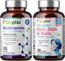 B-3 Nicotinamide 500 מ"ג 180 Vcaps - שיער עור וציפורים 180 קפסולות 10000 mcg Biotin - Nicotinic Amide Niacin Natural Flush-Free Formula - תמיכה ב- Skin Cell Health