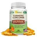 ASquared Nutrition Turmeric Curcumin 1300 מ"ג עם bioPerine Black Pepper לחלץ - 180 קפסולות - עם 95% Curcuminoids, 100% טבעי אבקת שורש טומריק טבעי תוספי מזון, Pure & Joint Stiffness Pills