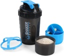 Shaker Bottle - חלבון Shaker Cup עם השוואת אחסון - Leak-הוכחה Workout Shake Bottles with Mixer for Smoothing Mixing 500ML/16oz (BLUE & BLACK)