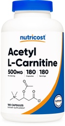 חומרים מזינים Acetyl L-Carnitine (ALCAR) 500 מ"ג, 180 קפסולות, 180 משרתים - non-GMO ו Gluten Free, 1 קפסולה לשרת