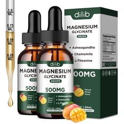 Magnesium Glycinate נוזל טיפות תוספת, עם Magnesium Glycinate 500 מ"ג Ashwagandha, L - Theanine, Chamomile - Support Stress Relief, העצם, השרירים, Mood מנגו פלפור 2Pack