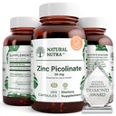 טבעי Nutra Zinc Picolinate 30 מ"ג, כוח כפול, Raw ו Pure, גבוה bioavailable תוספת צמיחה ותמיכה Immune, עוזר תמיכה מערכת Metabolic, Decrease Common Cold 250 קפסולת
