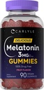 Carlyle Melatonin Gummies 3 מ"ג | 90 | תוספי מזון פלאבימי | 100% תמיכה חינם בסמים | טבעוני, non-GMO, Gluten Freeten
