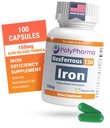 Polysaccharide Iron Complex 150 מ"ג לתמיכה באנמיה - מניעת וטיפול בהגנת ברזל, תומך Red Blood Cells Formation, Gentle on the Stomach, High Potency, USA-Made, 100 קפסולות