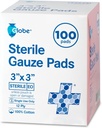 Globe 3' x 3's מתקדם Sterile Gauze Pads, 100-Pack Individually Packed - 12-Ply Cotton for Wound Care Dressing, Highly Absorbent Bandages for Home & Emergency Use - Travel & First Aid Kit Essential