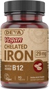 DEVA Vegan Chelated Iron עם ויטמין B-12, תוסף תזונתי, 29 מ"ג, 90 הרוזן