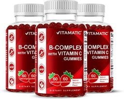ויטמין Vitamatic B Complex Gummies עם ויטמין C & Inositol - Natural Strawberry Flavor - 60 חניכיים (3 בקבוקים)