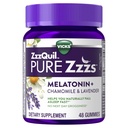 ZzzQuil Pure Zzzs Melatonin Gummies, Sleep Aid, Melatonin 2 מ"ג, עם Chamomile & Lavender, Melatonin Sleep Gummies, Sleep Aids for Adults, Wildberry Vanilla Flavored, 48 חניכיים שינה