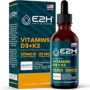 E2H ויטמינים D3 & K2 תוספת לתמיכה Immune - ויטמין נוזלי D3 5000 IU - מיוצר בארה"ב - non-GMO, טבעוני - 120 משרתים